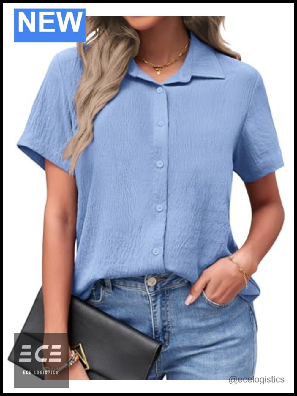 Womens Button Down Shirt Short Sleeve V-Neck Business Casual Blouse